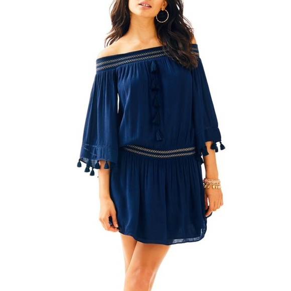 Lily Pulitzer off the shoulder navy dress Size S - Picture 1 of 8